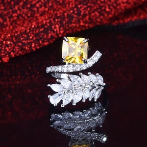 Radiant cut yellow diamond ring in S925 silver with marquise leaf design for women