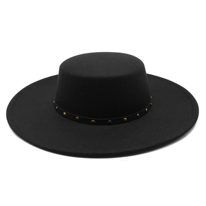 Classic black flat top wide brim wool felt hat with silver and gold metal rivet band