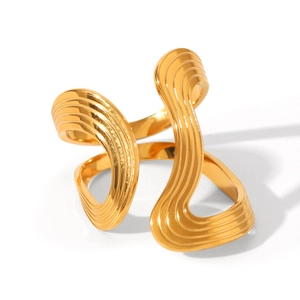 Detailed view of the 18K gold plated ring featuring abstract wavy textures and sleek design