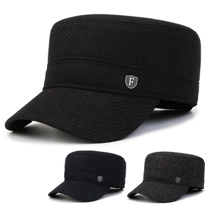 Men Winter Cadet Cap Woolen Blend Warm Thickened Flat Top Hat With Ear Flaps Metal Badge Outdoor Cold Weather Adjustable