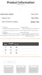Size guide and material specs for the pink ruffle hem camisole top, style BX0060