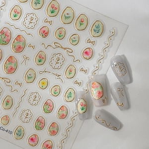 3D gold embossed tulip nail art stickers with vintage floral patterns and 3D bow designs