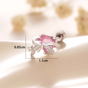 Pink heart crystal and bow stud earring in silver finish measuring 1.1cm by 0.85cm