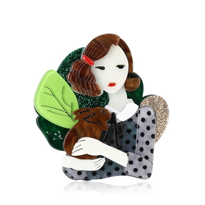 Acrylic cartoon girl with rabbit brooch with green leaves and glitter heart accents