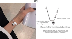 Silver titanium steel heart bracelet with Lucky girl engraving and size details