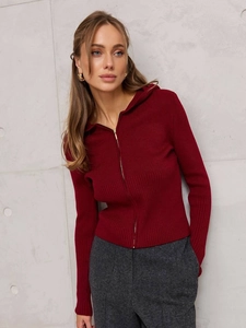 Slim fit burgundy hooded zip-up knit sweater with long sleeves and ribbed texture