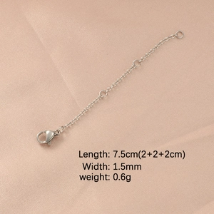 Detail showing a 7.5cm silver stainless steel extender chain with lobster clasp and sizes