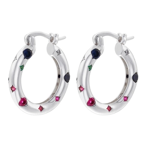 Elegant silver U-shaped hoop earrings with colorful zircon stones on a white background