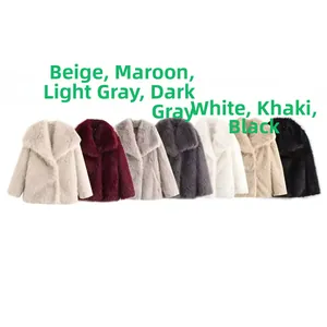 Flat lay of colorful faux fur jackets in beige, red, grey, white, khaki and black