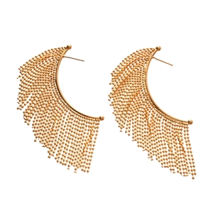 Elegant gold beaded tassel earrings with a metallic fan shape on white background