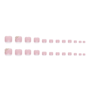 Pink French style press-on toenails set with sparkling rhinestones and white tips