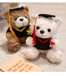 Close-up of cute graduation teddy bear set in black academic gowns and mortarboard caps