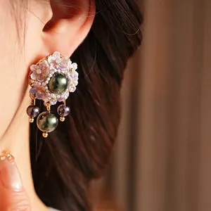 Vintage lilac flower resin earrings with large green pearls and elegant drop pendants