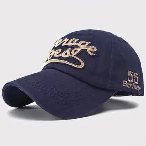 Navy blue vintage baseball cap with 3D embroidery and adjustable metal eyelet detail