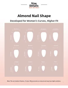 Size chart for 24pcs pink cat eye almond press-on nails with 12 specific measurements