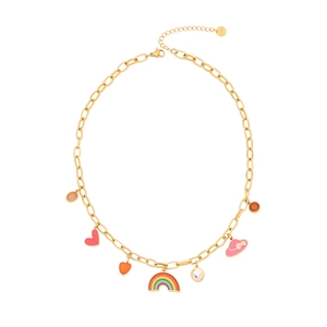 Golden rainbow heart charm necklace with dopamine colorful enamel pendants and crystals