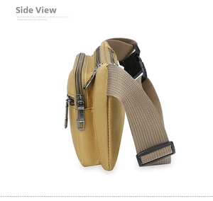 Side view of a khaki durable nylon waist bag with triple zipper pockets and plastic buckle