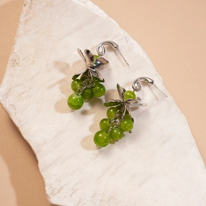Unique green grape glass bead C-shape drop earrings with silver metal flower accents