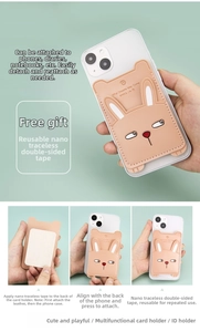 Detail of cute rabbit faux leather phone card holder with nano adhesive backing