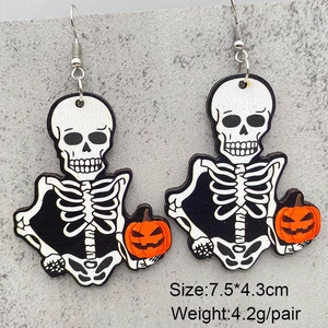 Lightweight Halloween wooden earrings featuring cartoon skeleton and pumpkin charms