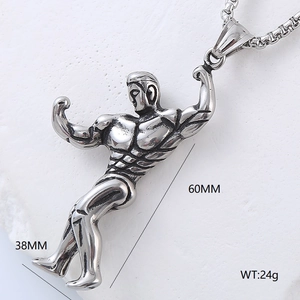 Vintage silver muscular man pendant necklace in titanium steel with 60mm height dimension