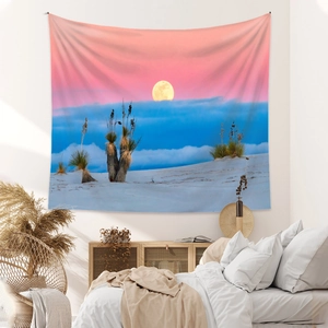 Bohemian tapestry featuring a desert sunset and moon over bedroom wall decor