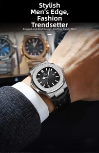 Detail of ultra-thin men's watch with black textured dial and silver octagonal bezel