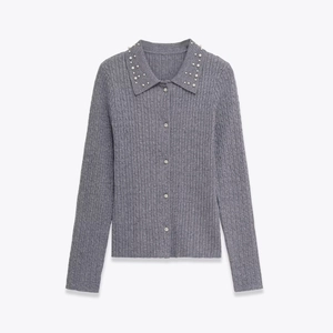 Women Knit Cardigan Sweater Grey Cable Knit Artificial Pearl Beaded Collar Rhinestone Button Elegant Long Sleeve Soft