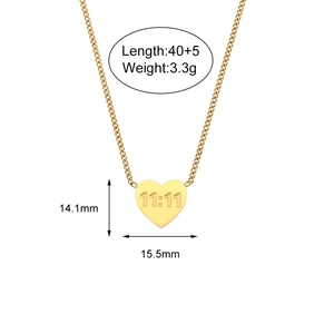 Golden stainless steel heart pendant necklace with 11:11 engraving and dimensions