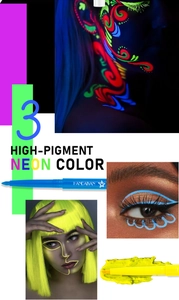 Gros plan d'un eye-liner néon pigmenté montrant des effets lumineux sur les yeux et le visage