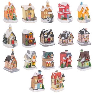 Set of 17 lighted resin Christmas village houses with snowy roofs for holiday tabletop decor