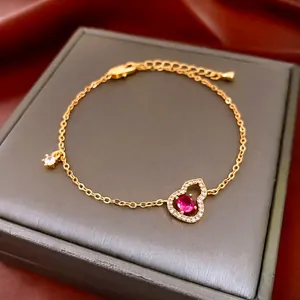 Bracelet En Cuivre Plaqué Or Avec Pendentif Gourde Évidée Zircon Rouge Bijoux Ajustables Élégants Pour Femmes