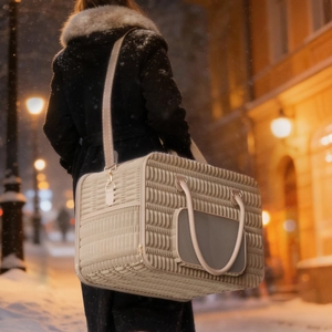 Sac de transport beige matelassé pour chats et petits chiens avec filet respirant et sangle