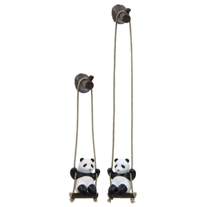 Creative panda swinging figurines on hemp rope with 3D resin details on white background