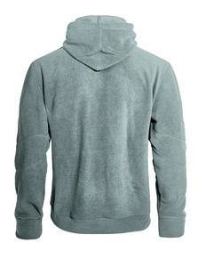 Dettaglio della felpa in pile grigio con cappuccio che mostra trama e retro