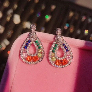 Rainbow teardrop earrings with colorful zircon stones in a silver setting for women