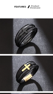 Dettaglio di bracciali in pelle intrecciata con chiusure magnetiche a croce nere e oro