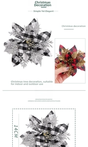 Detail of 14cm plaid Christmas flower decoration with glitter edges and golden stamen