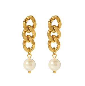 Detail of 18K gold plated chain earrings with hanging pearls on a white background