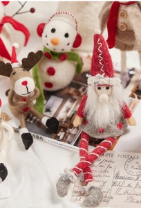 Detail of wool felt Christmas gnome ornaments in a cozy home setting decor