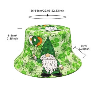Green St. Patrick's Day bucket hat with gnome print and shamrock patterns