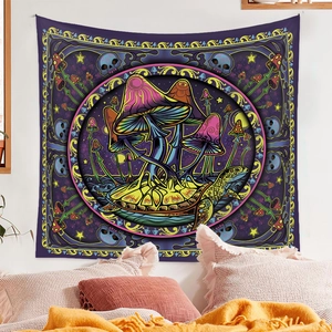 Bohemian tapestry featuring psychedelic mushrooms and turtle shell in vibrant purple hues