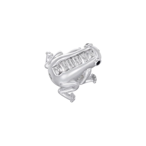 Detailed macro view of silver frog pendant with clear rectangle zircons and black eyes