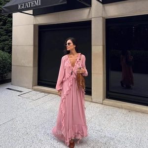Rosa Chiffon Maxi Kleid Volant V-Ausschnitt Langarm Einfarbig Boho Urlaub Romantisch Französischer Stil Für Damen