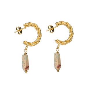 Orecchini a cerchio a fune placcati oro 14K con pendenti in pietra marmorizzata colorata