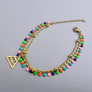 Double-layered 18K gold stainless steel bracelet with colorful charms and evil eye pendant