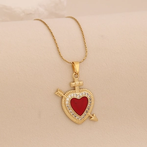Gold stainless steel necklace with red zircon heart pendant featuring a cross and arrow design
