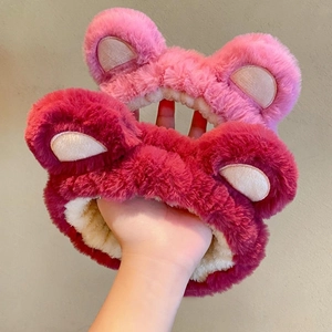 Cute plush bear ear headbands in pink and dark red for washing face and skincare