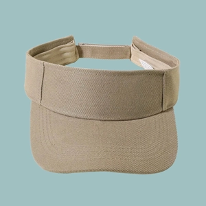 Detail of khaki visor hat showing adjustable velcro strap and premium twill cotton fabric