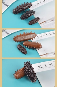 Detailed macro view of realistic faux sea cucumber models in multiple sizes and colors